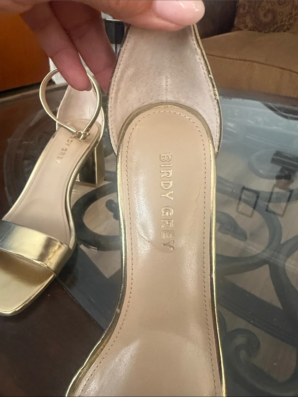 Birdy Grey Gold Block Heel Ankle-Strap Sandals